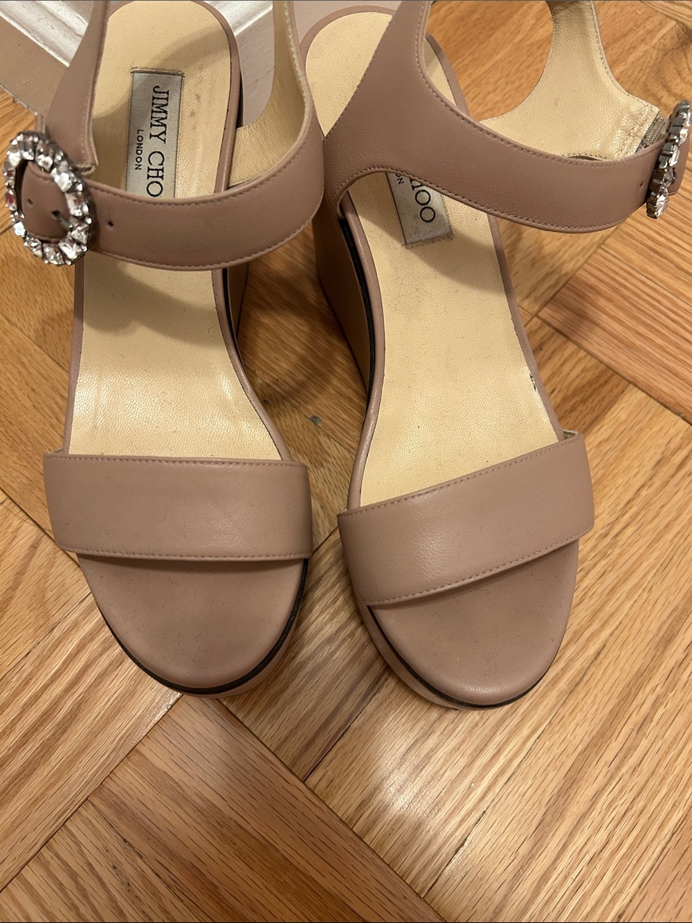 Jimmy Choo Nude Taupe Leather Wedge Sandals with Crystal Buckles - Picture 2 of 13